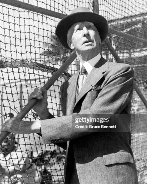 Manager Connie Mack of the Philadelphia Athletics stands near the batting cage during Spring Training on March 3, 1949 in West Palm Beach, Florida.