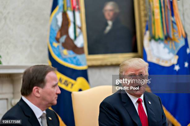 President Donald Trump speaks to the media during a meeting with Swedish Prime Minister Stefan Lofven in the Oval Office of the White House March 6,...