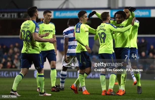 Derby County's Andreas Weimann celebrates scoring his side's first goal of the game with team-mates during the Sky Bet Championship match at Loftus...