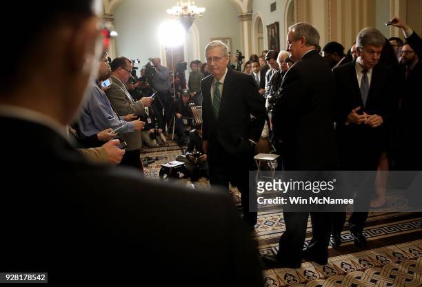 Senate Majority Leader Mitch McConnell departs a press conference at the U.S. Capitol March 6, 2018 in Washington, DC. McConnell answered a range of...