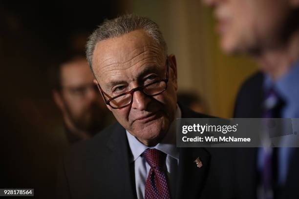 Senate Minority Leader Chuck Schumer attends a press conference at the U.S. Capitol March 6, 2018 in Washington, DC. Schumer answered a range of...