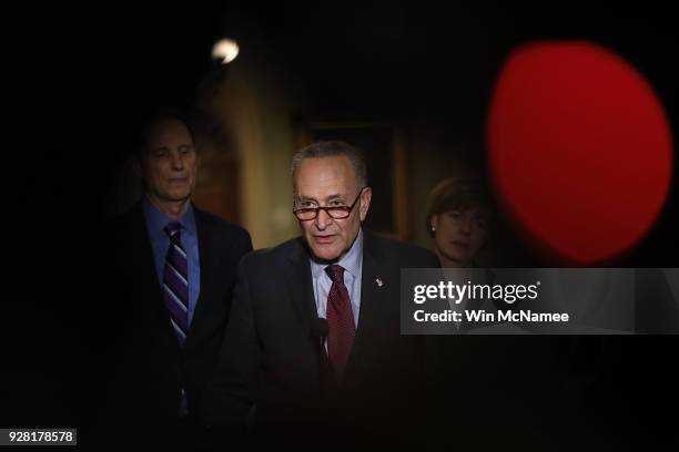 Senate Minority Leader Chuck Schumer answers questions during a press conference at the U.S. Capitol March 6, 2018 in Washington, DC. Schumer...