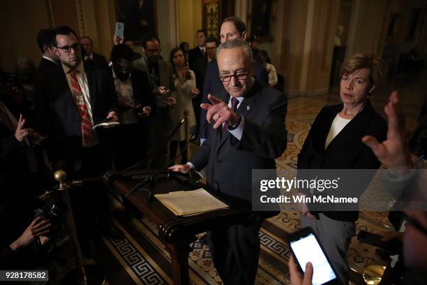 Senate Minority Leader Chuck Schumer answers questions during a press conference at the U.S. Capitol March 6, 2018 in Washington, DC. Schumer...