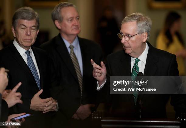 Senate Majority Leader Mitch McConnell answers questions at a press conference at the U.S. Capitol March 6, 2018 in Washington, DC. McConnell...