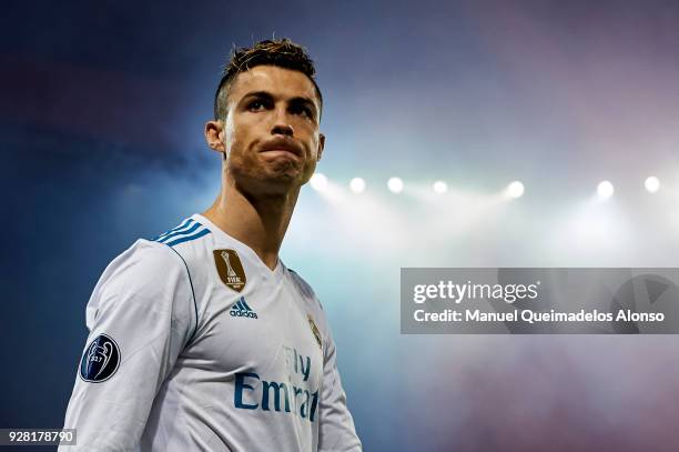 Cristiano Ronaldo of Real Madrid looks on during the UEFA Champions League Round of 16 Second Leg match between Paris Saint-Germain and Real Madrid...