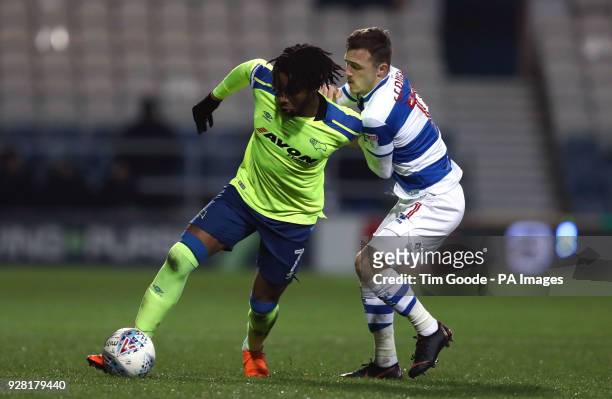 Derby County's Kasey Palmer and Queens Park Rangers' Josh Scowen battle for the ball during the Sky Bet Championship match at Loftus Road, London.