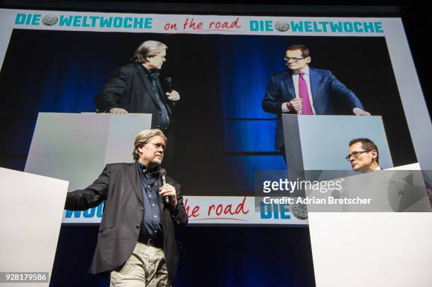 Steve Bannon , the former chief strategist for U.S. President Donald Trump, speaks as Roger Koeppel, editor-in-chief of the right-wing Swiss weekly...