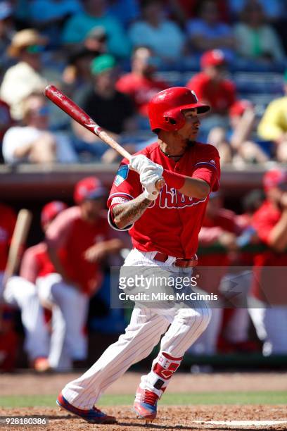 Crawford of the Philadelphia Phillies makes some contact at the plate during the Spring Training game against the Minnesota Twins at Spectrum Field...