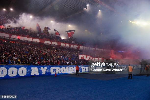 Fans of PSG during the UEFA Champions League Round of 16 Second Leg match between Paris Saint Germain and Real Madrid at Parc des Princes on March 6,...