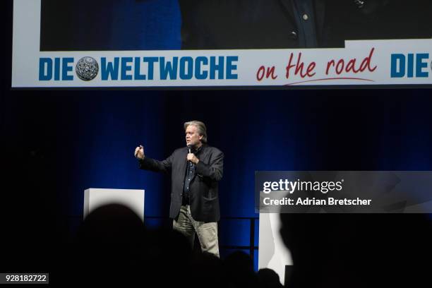 Steve Bannon, the former chief strategist for U.S. President Donald Trump, speaks at an event hosted by the right-wing Swiss weekly magazine Die...
