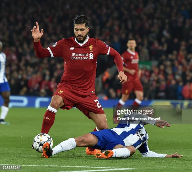 Emre Can of Liverpool with Andre Andre of FC Porto during the UEFA Champions League Round of 16 Second Leg match between Liverpool and FC Porto at...