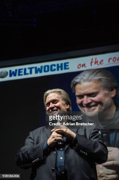 Steve Bannon, the former chief strategist for U.S. President Donald Trump, speaks at an event hosted by the right-wing Swiss weekly magazine Die...