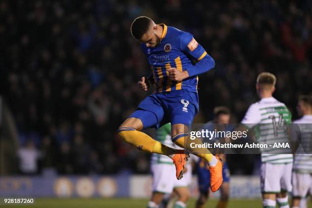 Carlton Morris of Shrewsbury Town celebrates after scoring a goal to make it 1-0 during the Checkatrade Trophy Semi Final between Shrewsbury Town and...