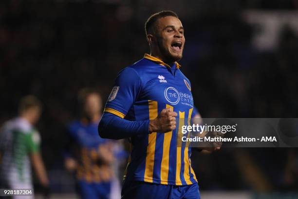 Carlton Morris of Shrewsbury Town celebrates after scoring a goal to make it 1-0 during the Checkatrade Trophy Semi Final between Shrewsbury Town and...