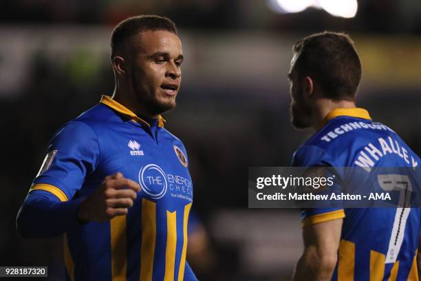 Carlton Morris of Shrewsbury Town celebrates after scoring a goal to make it 1-0 during the Checkatrade Trophy Semi Final between Shrewsbury Town and...