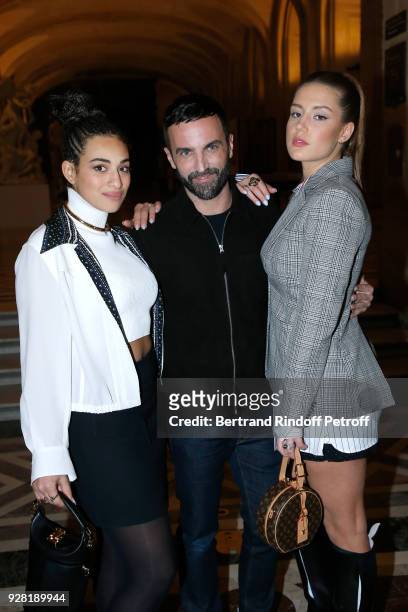 Camelia Jordana, Stylist Nicolas Ghesquiere and Adele Exarchopoulos pose after the Louis Vuitton show as part of the Paris Fashion Week Womenswear...