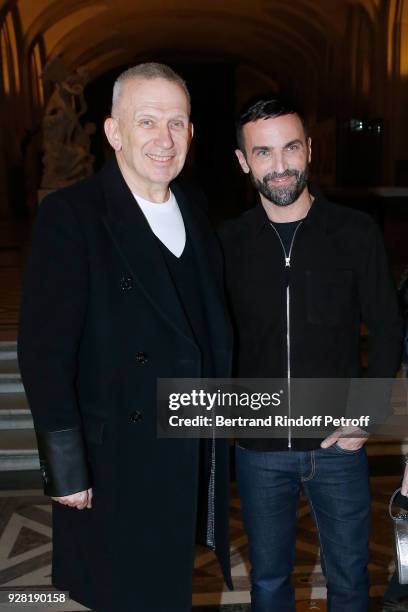 Stylists Jean-Paul Gaultier and Nicolas Ghesquiere pose after the Louis Vuitton show as part of the Paris Fashion Week Womenswear Fall/Winter...