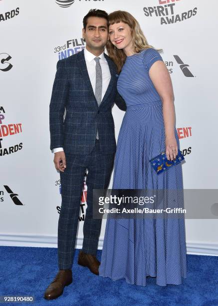 Actor Kumail Nanjiani and wife Emily V. Gordon attend the 2018 Film Independent Spirit Awards on March 3, 2018 in Santa Monica, California.