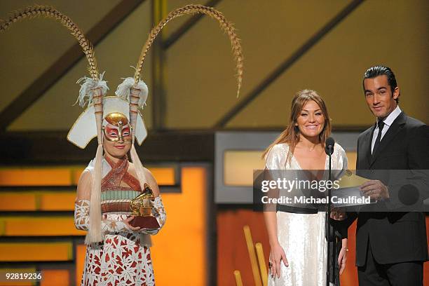 Amaia Montero and Aaron Diaz speak onstage at the 10th Annual Latin GRAMMY Awards held at the Mandalay Bay Events Center on November 5, 2009 in Las...