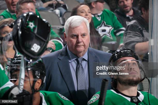 Ken Hitchcock, head coach of the Dallas Stars before a game against the Ottawa Senators at the American Airlines Center on March 5, 2018 in Dallas,...