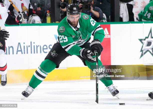 Greg Pateryn of the Dallas Stars handles the puck against the Ottawa Senators at the American Airlines Center on March 5, 2018 in Dallas, Texas.