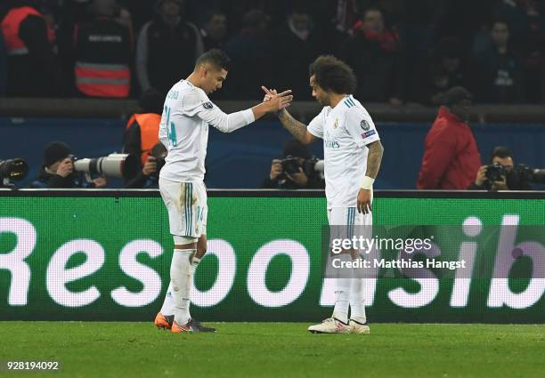 Casemiro of Real Madrid celebrates as he scores their second goal with Casemiro of Real Madrid celebrates as he scores their second goal with...