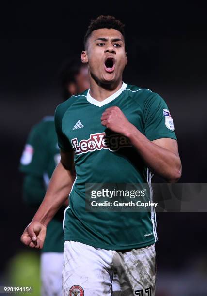 Ollie Watkins of Brentford celebrates after scoring his sides second goal during the Sky Bet Championship match between Burton Albion and Brentford...