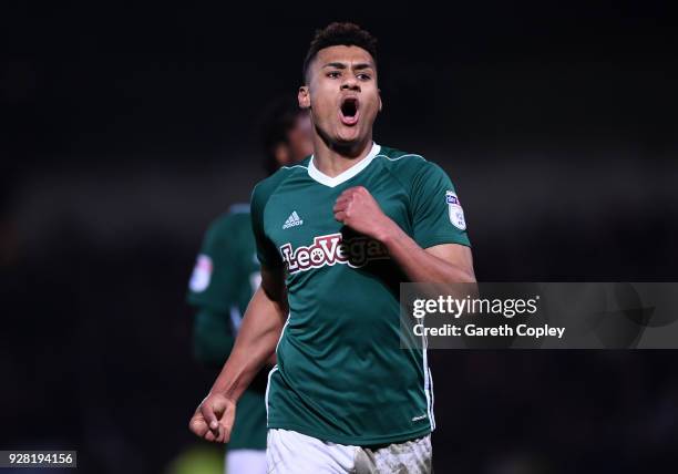 Ollie Watkins of Brentford celebrates after scoring his sides second goal during the Sky Bet Championship match between Burton Albion and Brentford...