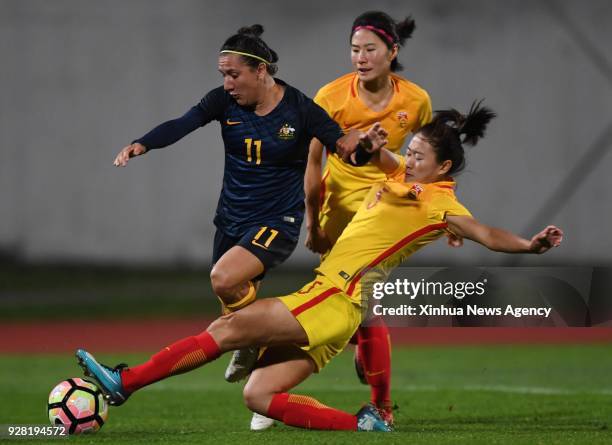 March 6, 2018: Wu Haiyan of China vies with Lisa De Vanna of Australia during the Group A last round match at the 2018 Algarve Cup women's soccer...