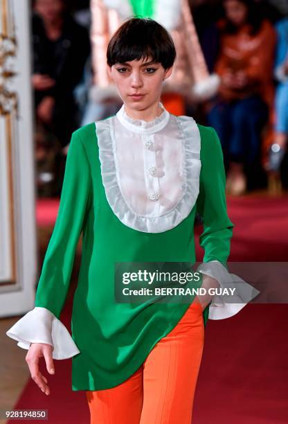 Model presents a creation for Paul & Joe during the 2018/2019 fall/winter collection fashion show on March 6, 2018 in Paris. / AFP PHOTO / BERTRAND...