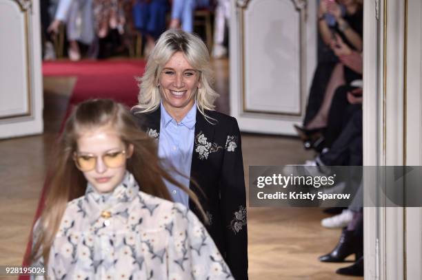 Designer Sophie Mechaly acknowledges the audience with a model during the Paul & Joe show as part of Paris Fashion Week Womenswear Fall/Winter...