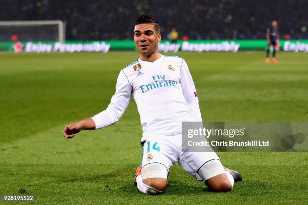 Casemiro of Real Madrid celebrates scoring his sides second goal during the UEFA Champions League Round of 16 Second Leg match between Paris...