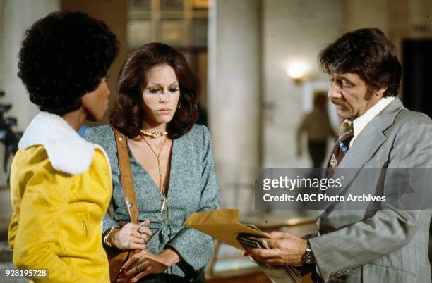 Teresa Graves, Louise Sorel and Harry Guardino appearing in the episode 'Pilot' from the television show 'Get Christie Love!'.