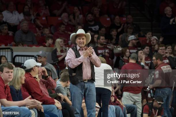 An Oklahoma fan during the second half of a NCAA college basketball game against Iowa State at the Lloyd Noble Center on March 2, 2018 in Norman,...