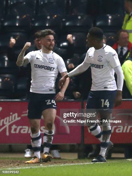 Preston North End's Sean Maguire celebrates scoring his side's second goal of the game during the Sky Bet Championship match at Deepdale, Preston.