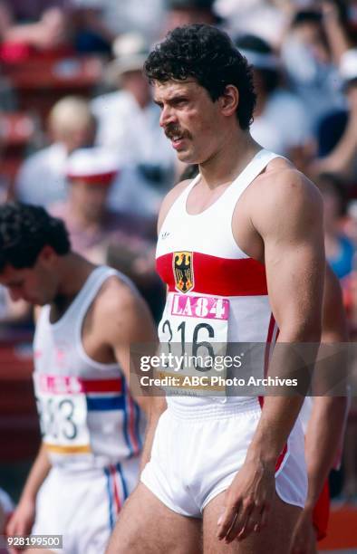 Los Angeles, CA Jürgen Hingsen, Men's decathlon 100 metres competition, Memorial Coliseum, at the 1984 Summer Olympics, August 8, 1984.