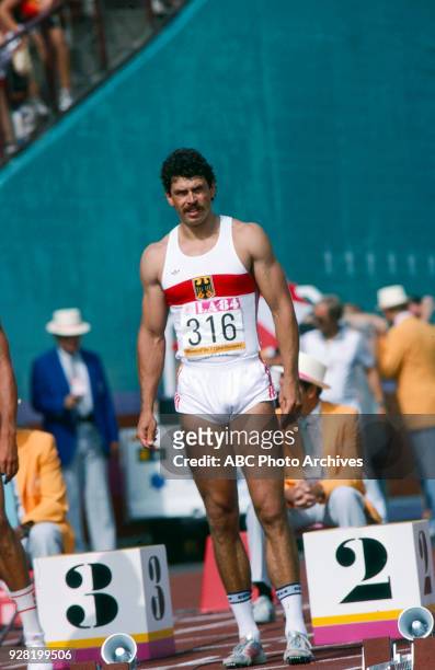 Los Angeles, CA Jürgen Hingsen, Men's decathlon 100 metres competition, Memorial Coliseum, at the 1984 Summer Olympics, August 8, 1984.