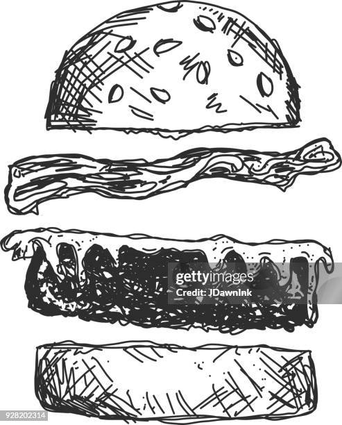 sketchy style bacon cheeseburger - bread rolls stock illustrations