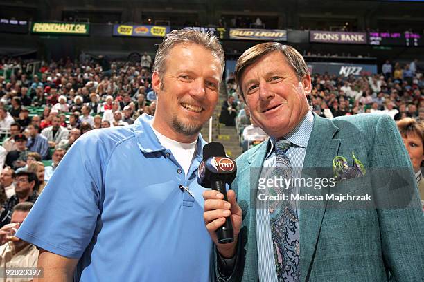 Utah Jazz CEO Greg Miller poses for a picture with Craig Sager of TNT before the game between the Utah Jazz and the San Antonio Spurs at...