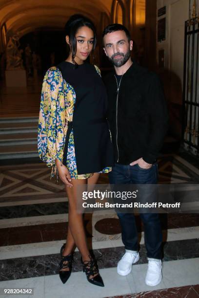 Laura Harrier and Stylist Nicolas Ghesquiere pose after the Louis Vuitton show as part of the Paris Fashion Week Womenswear Fall/Winter 2018/2019 on...