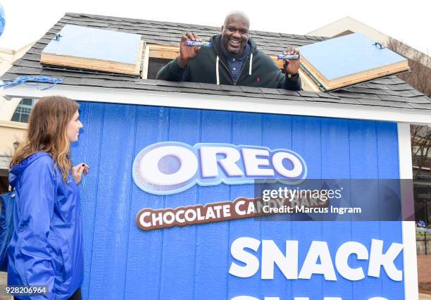 Basketball Hall of Famer Shaquille ONeal celebrates his birthday and National OREO Day by handing out free OREO Chocolate Candy Bars at the Snack...