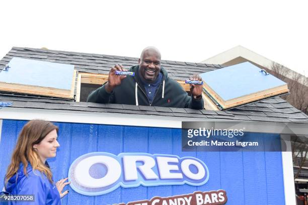 Basketball Hall of Famer Shaquille ONeal celebrates his birthday and National OREO Day by handing out free OREO Chocolate Candy Bars at the Snack...