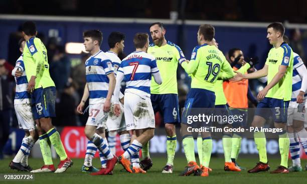 Derby County's Richard Keogh and Queens Park Rangers' Luke Freeman shake hands after the Sky Bet Championship match at Loftus Road, London.