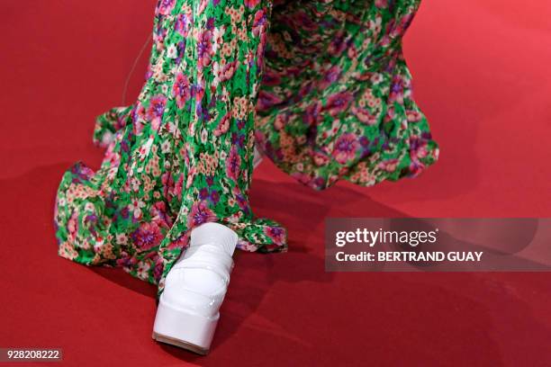 Model presents a creation for Paul & Joe during the 2018/2019 fall/winter collection fashion show on March 6, 2018 in Paris. / AFP PHOTO / BERTRAND...