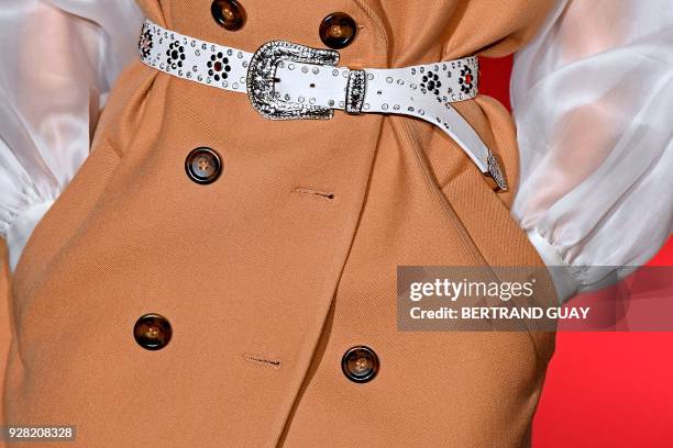 Model presents a creation for Paul & Joe during the 2018/2019 fall/winter collection fashion show on March 6, 2018 in Paris. / AFP PHOTO / BERTRAND...