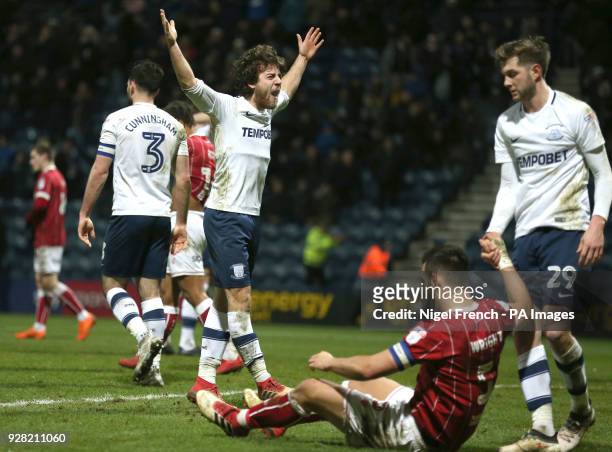 Preston North End's Ben Pearson celebrates in front of the travelling supporters after the Sky Bet Championship match at Deepdale, Preston.