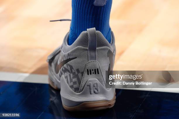 The sneakers worn by Josh Huestis of the Oklahoma City Thunder are seen during the game against the Dallas Mavericks on February 28, 2018 at the...