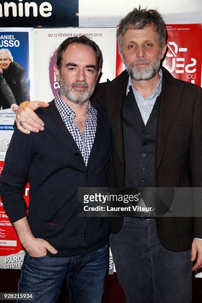 Actors Bruno Solo and Stephane Guillon attend "Inconnu a cette Adresse" Theater Play during "Paroles Citoyennes, 10 shows to wonder about the...