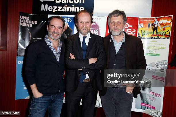 Actor Bruno Solo, Producer Jean-Marc Dumontet and Actor Stephane Guillon attend "Inconnu a cette Adresse" Theater Play during "Paroles Citoyennes, 10...