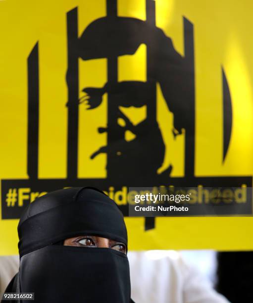 Supporters of former Maldivian president Mohamed Nasheed who are residing in capital Colombo shout slogans during a protest against the current...